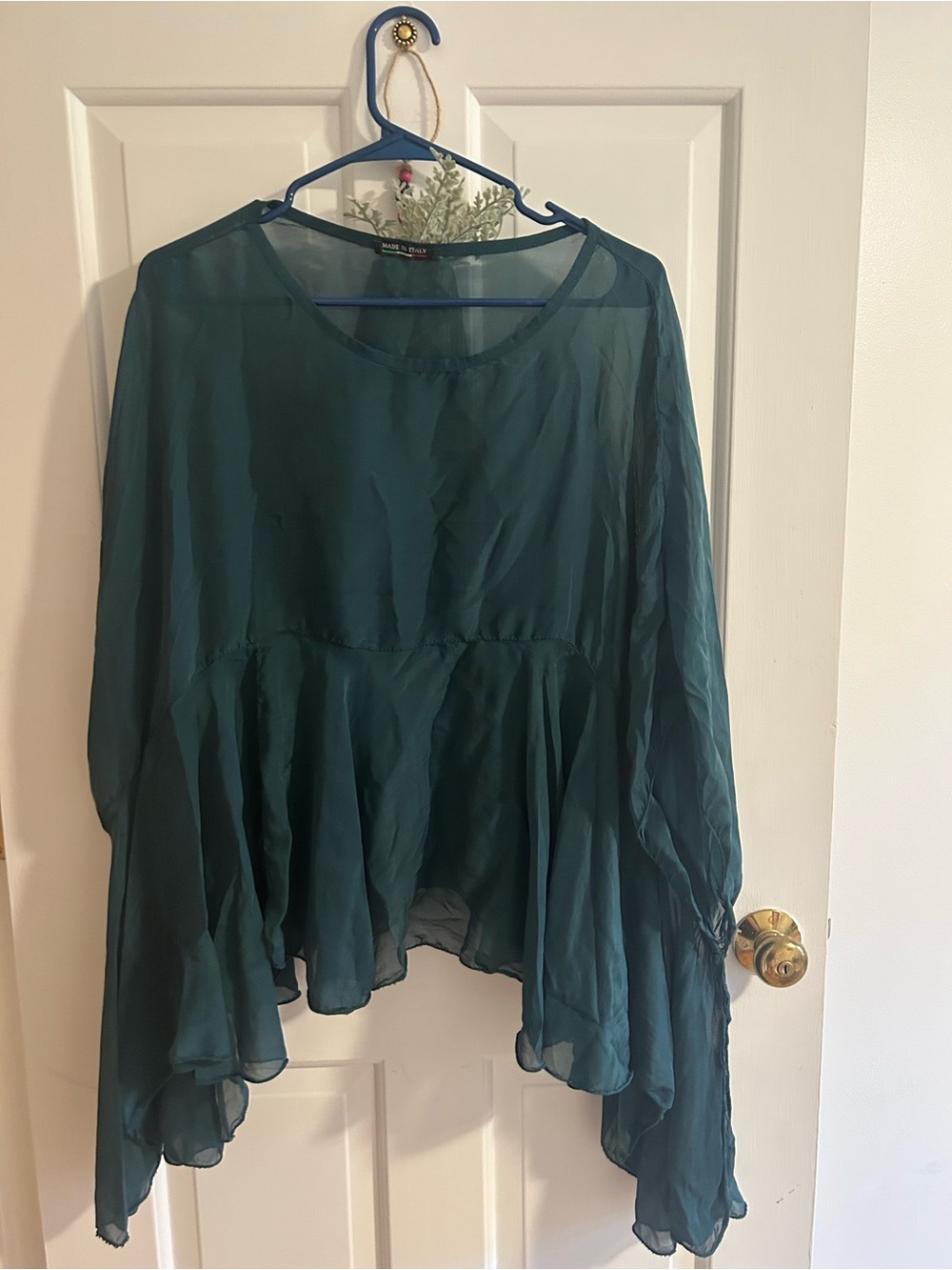 100% Silk Italian Tiered Drape Peasant Blouse - Teal